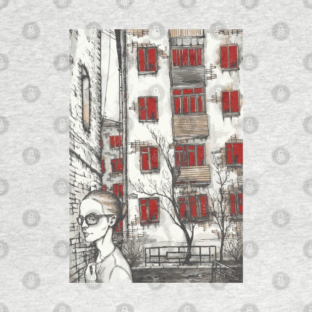 girl with glasses on the background of houses with red windows by Takeshi Kolotov